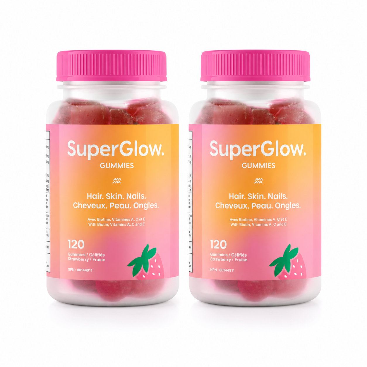 SuperGlow. Gummies Duo Bundle – Hair, Skin & Nails Vitamins with Biotin | Strawberry | 2 x 120 Vegan Gummies