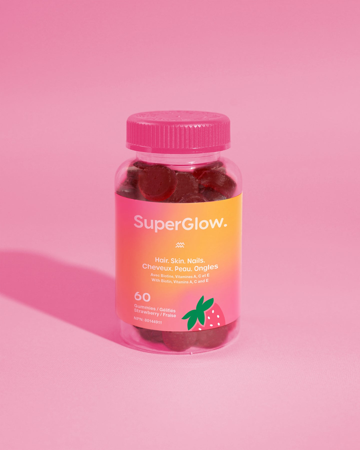SuperGlow. Gummies – Hair, Skin & Nails Vitamins with Biotin | Strawberry | 60 Vegan Beauty Gummies