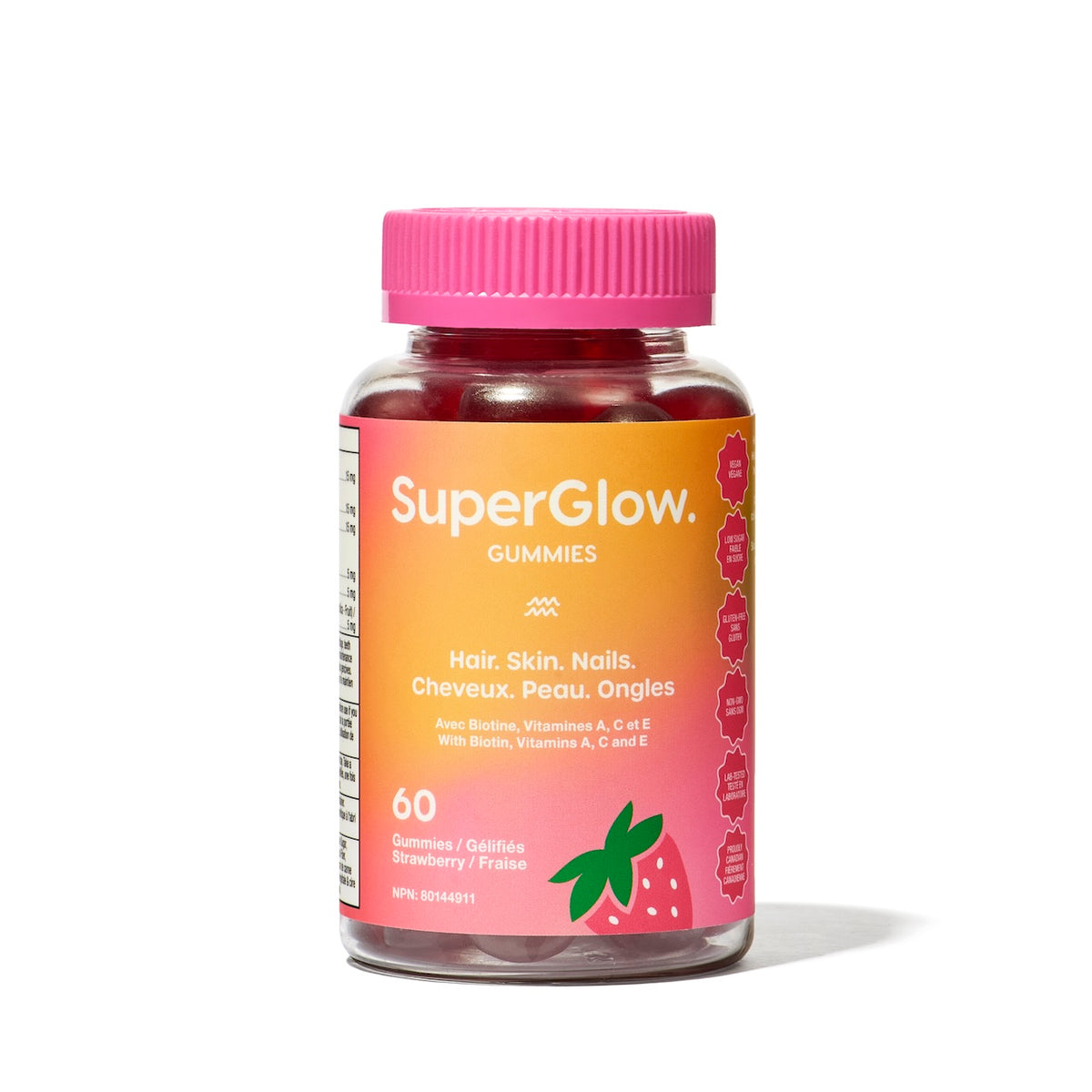 SuperGlow. Gummies – Hair, Skin & Nails Vitamins with Biotin | Strawberry | 60 Vegan Beauty Gummies