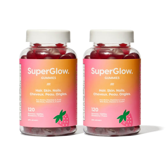 SuperGlow. Gummies Duo Bundle – Hair, Skin & Nails Vitamins with Biotin | Strawberry | 2 x 120 Vegan Gummies