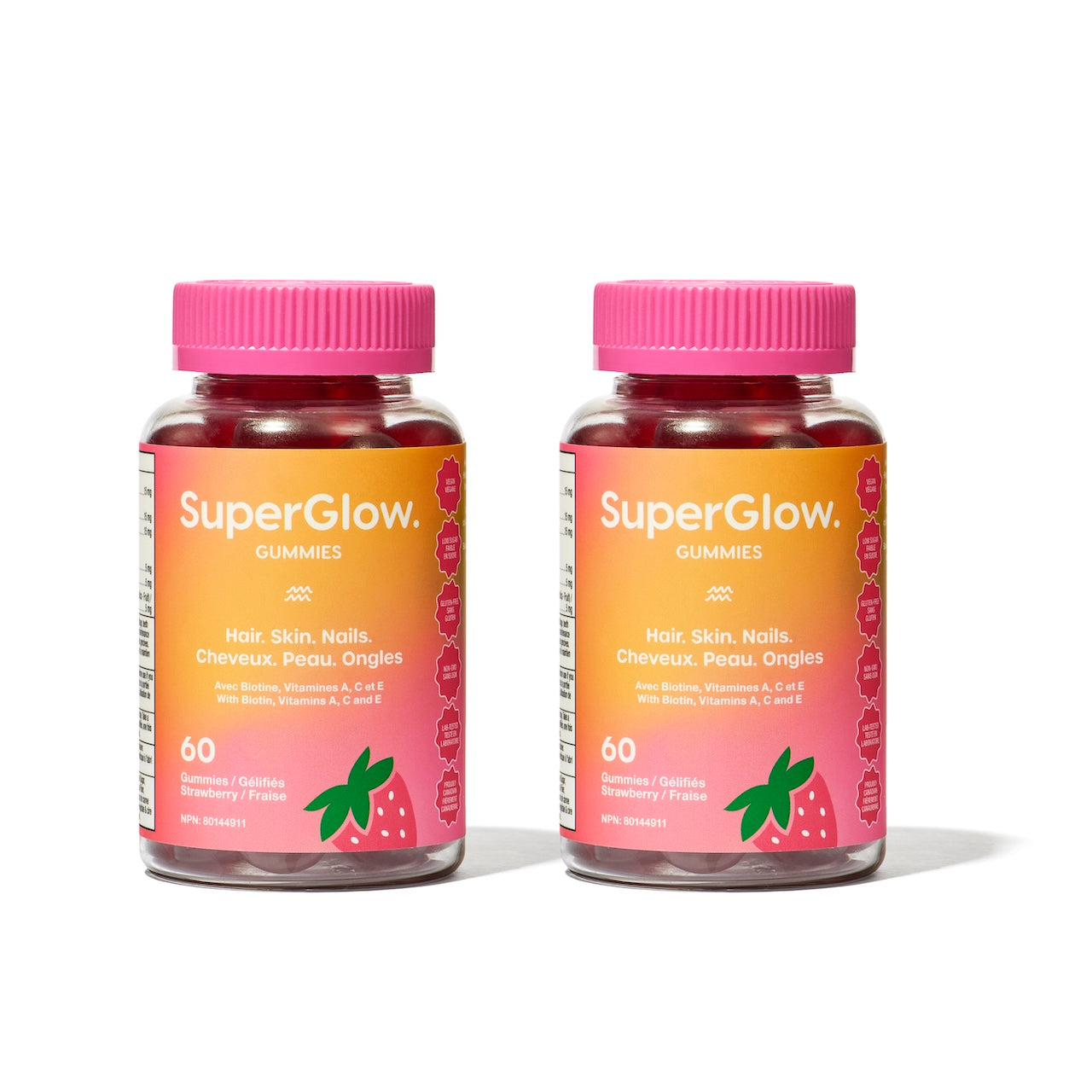SuperGlow. Gummies Duo Bundle – Hair, Skin & Nails Vitamins with Biotin | Strawberry | 2 x 60 Vegan Gummies